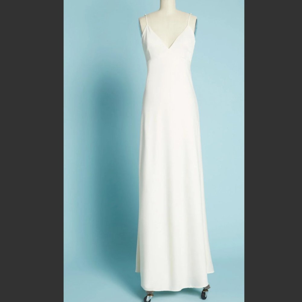 V-neck - Cowl Back - White Satin Maxi Slip Dress